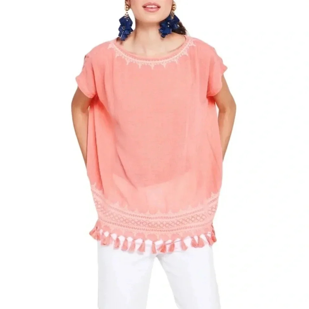 Roller Rabbit Lalla Pink Embroidered Cotton Gauze Tassel Top XS